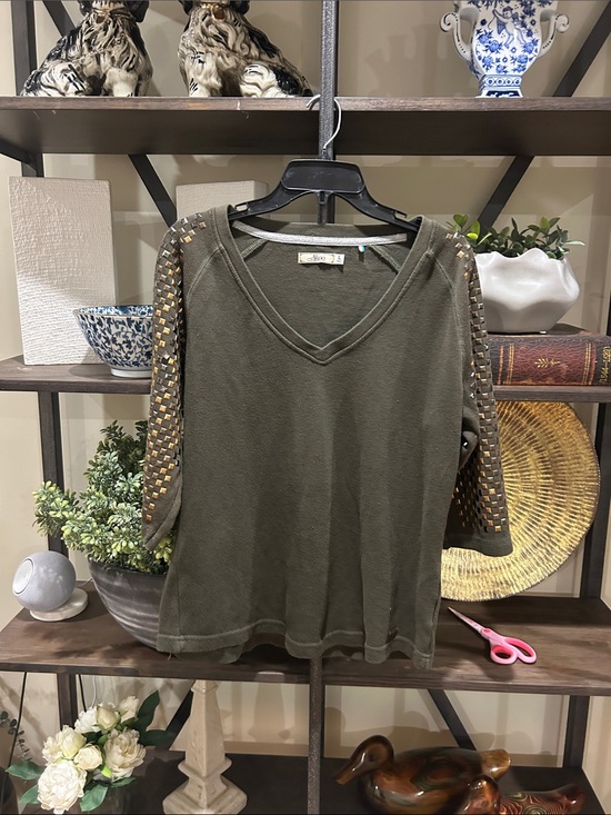 Akoo Tops - Akoo large Olive Green V-Neck Top with Studded Sleeve Detail